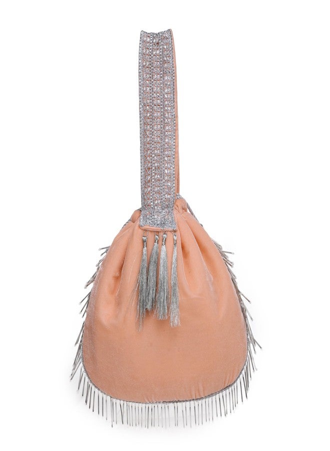 ATHZ Ethnic Handbags Royal Velvet bags for women Having latkan and Tassel embellishment with Handcrafted Strap (Peach, Silver) - Image 3